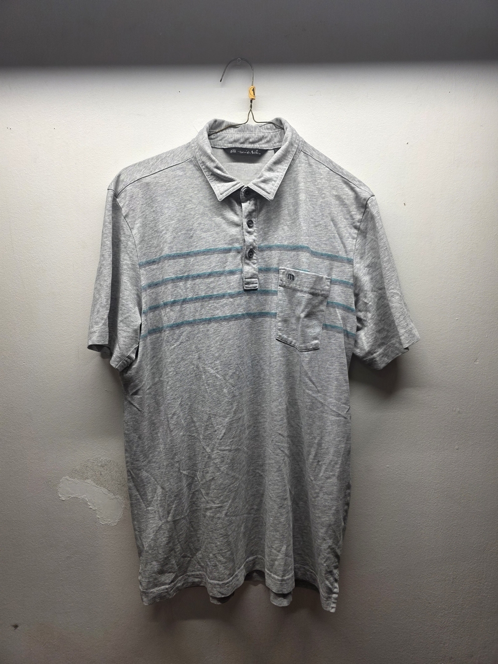 Travis Mathew Light Gray Polo with Teal Stripes
